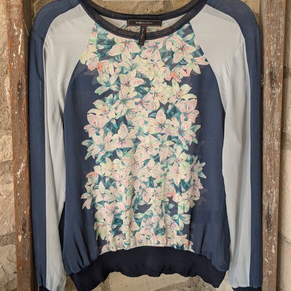 BCBGMAXAZRIA sheer, long-sleeved pullover blouse in blue/floral size M - Picture 2 of 8